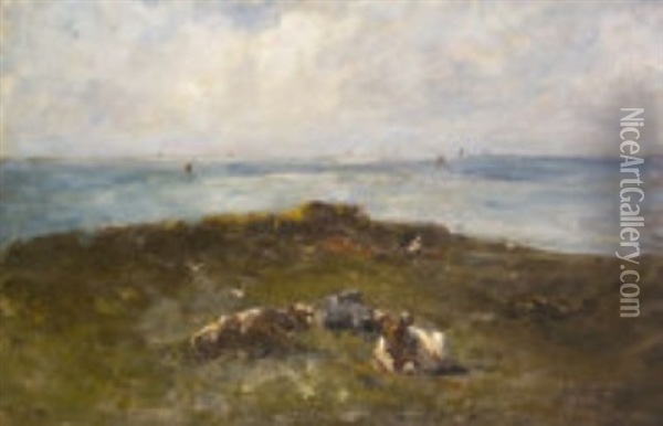 Cattle Resting On A Headland With Distant Yachts Oil Painting - Nathaniel Hone the Younger