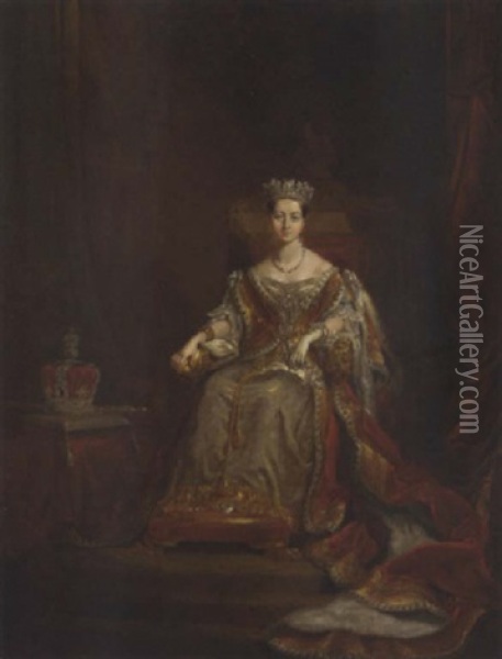 Portrait Of Queen Victoria In Ceremonial Robes, The Crown And Sceptre By Her Side Oil Painting - George Hayter
