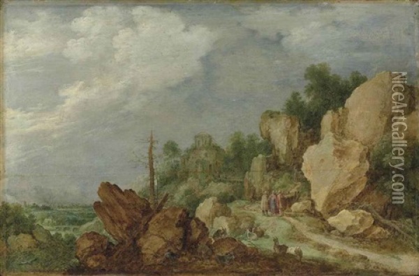 A Rocky Landscape With Christ On The Road To Emmaus Oil Painting - Gillis Claesz De Hondecoeter