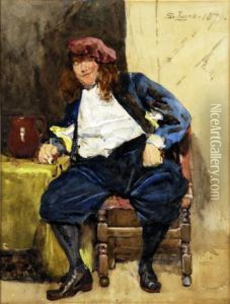 Study Of A Merry Toper, Seated Holding His Pipe Besides A Jug Of Ale Oil Painting - Lucas Seymour