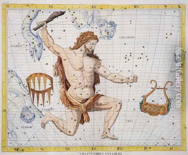 Constellation of Hercules with Corona and Lyra, plate 21 from Atlas Coelestis, by John Flamsteed 1646-1710, published in 1729 Oil Painting - Sir James Thornhill