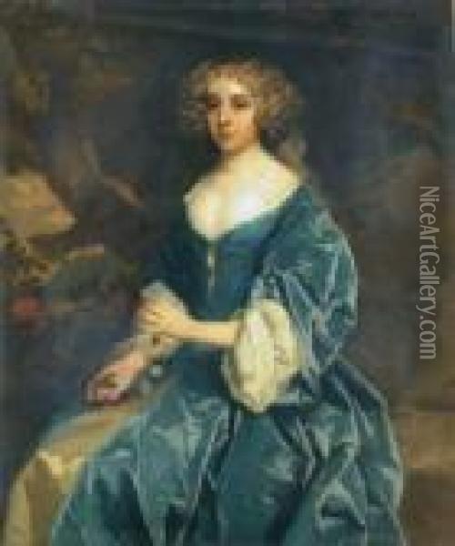 Woman In A Landscape Holding A Floral Necklace Oil Painting - Sir Peter Lely