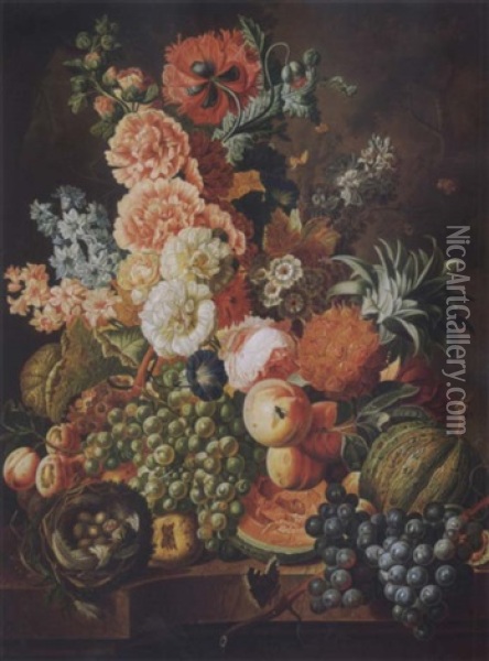 Elaborate Still Life Of Flowers, Peaches, Grapes, Melons, A Pineapple, A Bird's Nest And Insects On A Marble Ledge With A Landscape Beyond Oil Painting - Paul Theodor van Bruessel