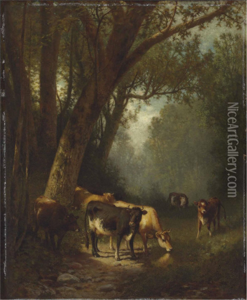 Cows Grazing In The Forest Clearing Oil Painting - William M. Hart