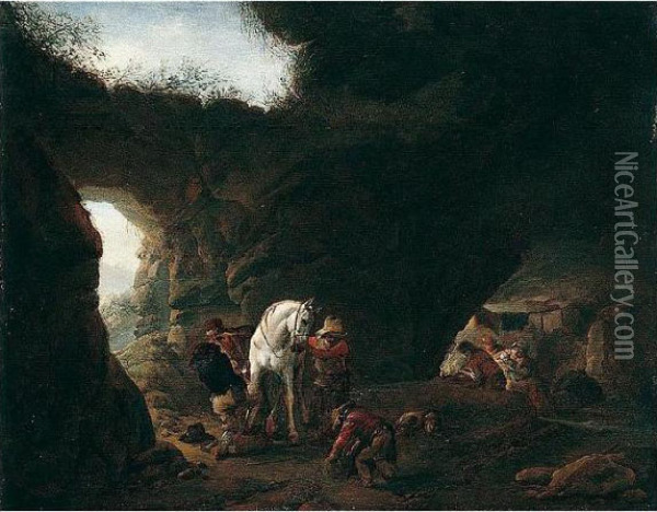 A Forge In A Cavern, With A Grey Being Shod Oil Painting - Pieter Wouwermans or Wouwerman