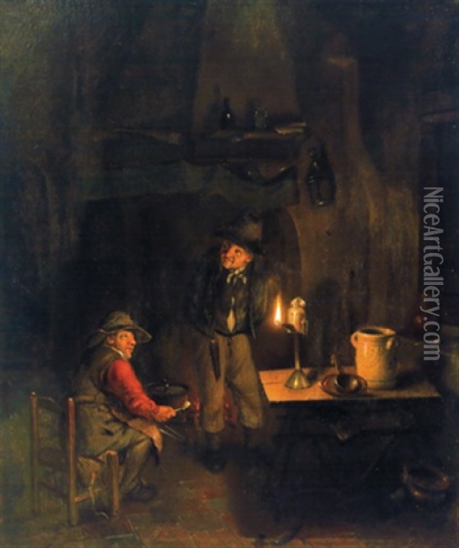 Zwei Manner In Einem Nachtlichen Interieur Im Schein Einer Ollampe Oil Painting - Gerrit Dou