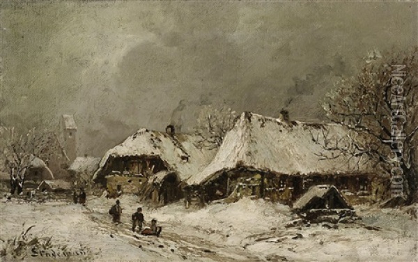 Verschneites Dorf Mit Spielenden Kindern Oil Painting - Adolf Stademann