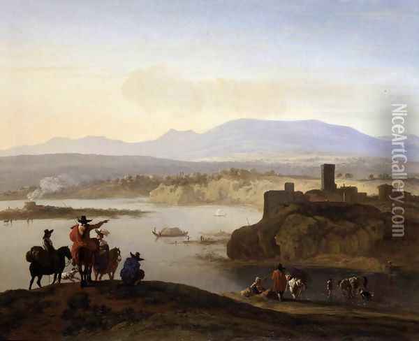 Italianate Landscape with Travellers on Horseback c. 1675 Oil Painting - Karel Dujardin