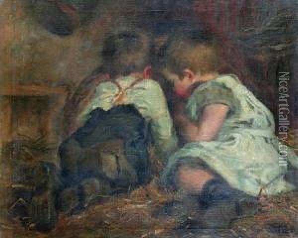 Two Young Children Playing In A Barn Oil Painting - Helen Mabel Trevor