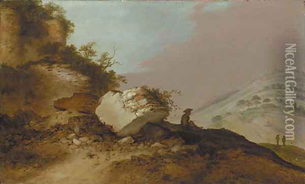 An extensive rocky landscape with a traveller resting on an outcrop below a castle Oil Painting - Jacobus Sibrandi Mancadan
