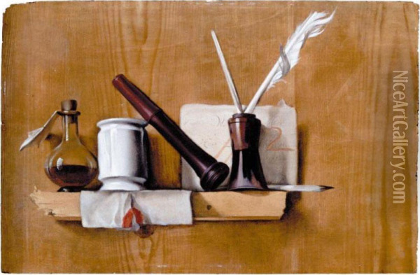 Attributed To Heyman Dullaert - A Trompe L'oeil With Plumes Oil Painting - Heyman Dullaert