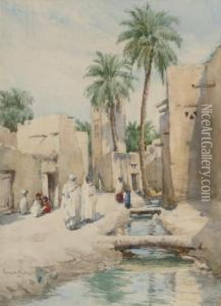 An Arab Street Scene (illustrated); And Unloading On The Riverbank Oil Painting - Frances E. Nesbitt
