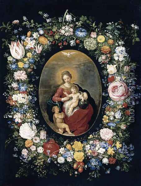 Virgin and Child with Infant St John in a Garland of Flowers 1630s Oil Painting - Jan Brueghel the Younger