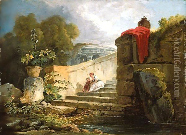 A Scene in the Grounds of the Villa Farnese, Rome c. 1765 Oil Painting - Hubert Robert