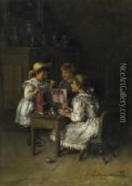 Three Children With Their Play-kitchen. Signed Bottom Right: Pietronella Peters Oil Painting - Pietronella Peters