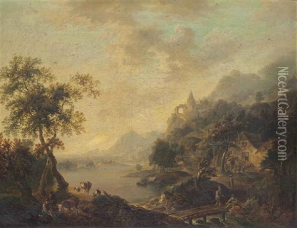 An Extensive River Landscape With Drovers And Their Cattle, Mountains Beyond Oil Painting - Jan Griffier the Elder