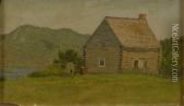 Mountain Landscape With Cabin Oil Painting - Albert Bierstadt