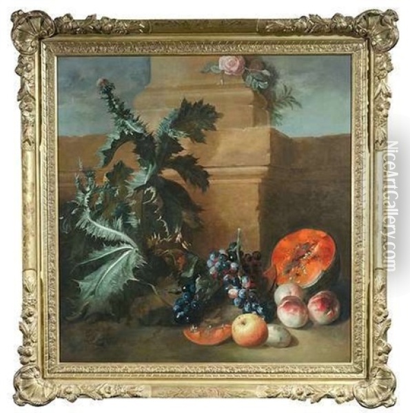 Stilleben Mit Fruchten Und Einer Bluhenden Distel. Oil Painting - Jean-Baptiste Oudry