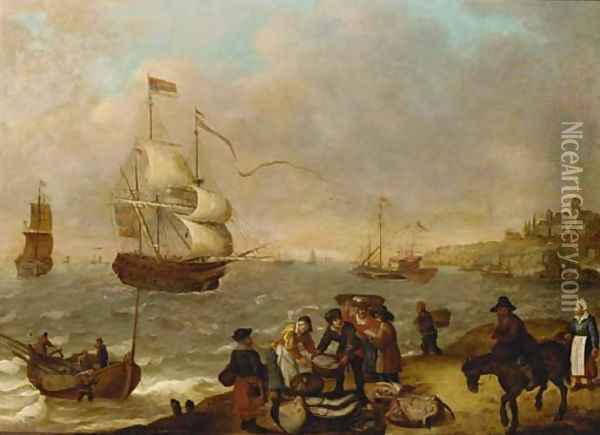 A coastal landscape with fisherfolk selling their catch Oil Painting - Isaac Willaerts
