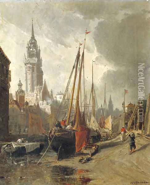 Boats moored in a harbour, Normandy Oil Painting - Jules Achille Noel