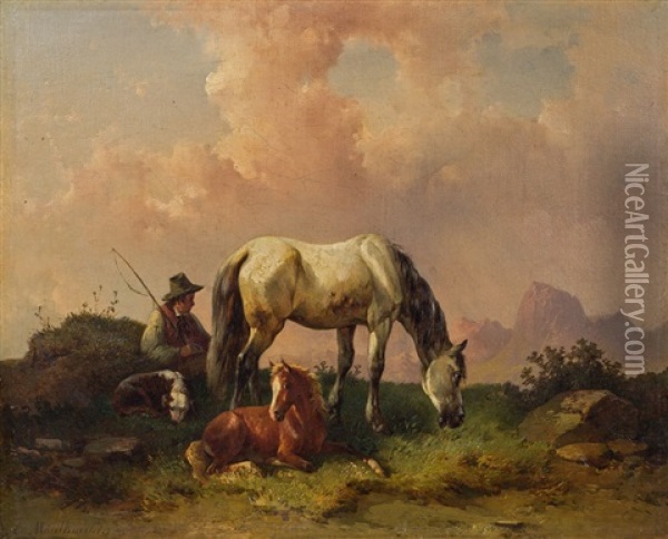 Stute Mit Fohlen Auf Der Weide Oil Painting - Edmund Mahlknecht