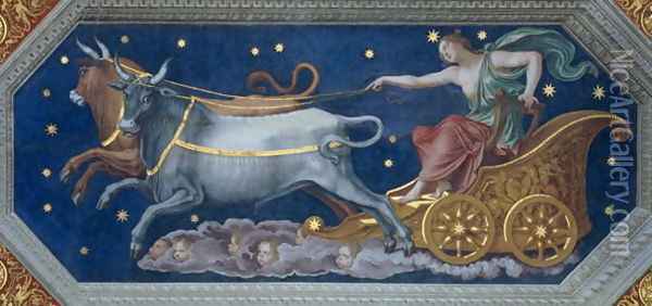 The Nymph Callisto on Jupiters Chariot, ceiling decoration from the Sala di Galatea, 1511-12 Oil Painting - Baldassare Peruzzi