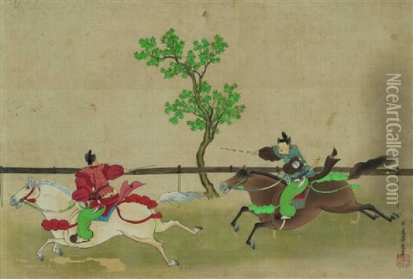 Two Horsemen At A Race Oil Painting - Sumiyoshi Hironaga