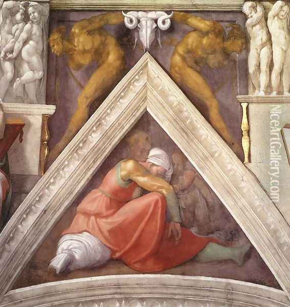 Ancestors of Christ - Asa consoling his father Oil Painting - Michelangelo Buonarroti