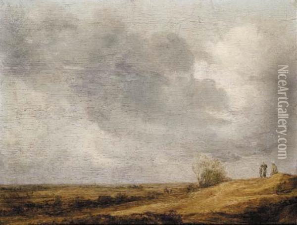 Peasants On A Dune Overlooking An Extensive Landscape Oil Painting - Jan van Goyen