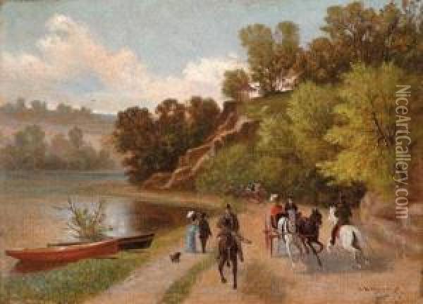 By The River Oil Painting - George Bacon Wood Jnr.