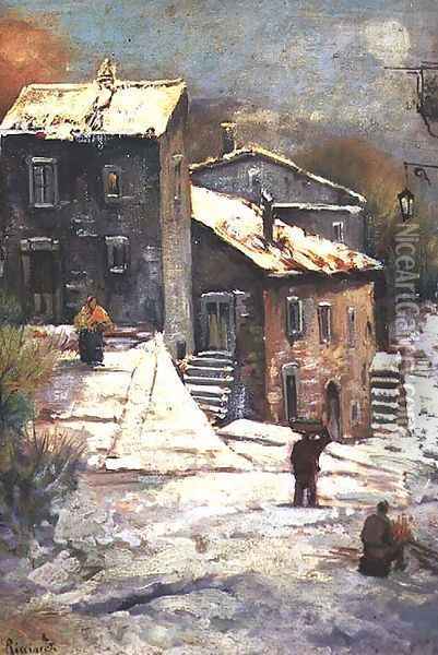 Figures in a Snowy Village Oil Painting - Oscar Ricciardi