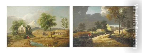 An Extensive Landscape With Figures Conversing On A Track Beside A Ruined Church, The Sugar Loaf Beyond (+ A River Landscape With Figures On A Bank, Cottages Beyond; Pair) Oil Painting - William Sadler the Younger