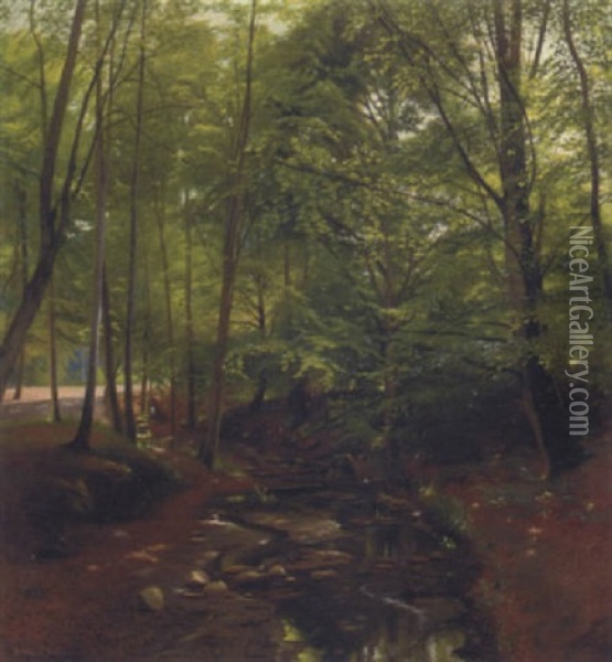 A Stream Running Through A Woodland Glade Oil Painting - Julius Petersen