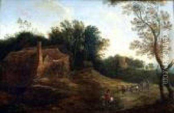 Travellers On A Path Near A Farm And A Church Oil Painting - Jaques D'Arthois