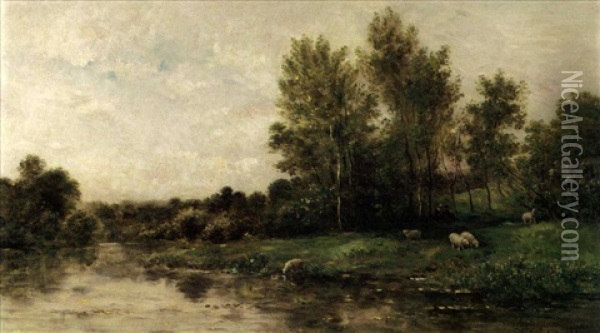 Figures Resting Under A Tree With Sheep Near A River Oil Painting - Charles Francois Daubigny