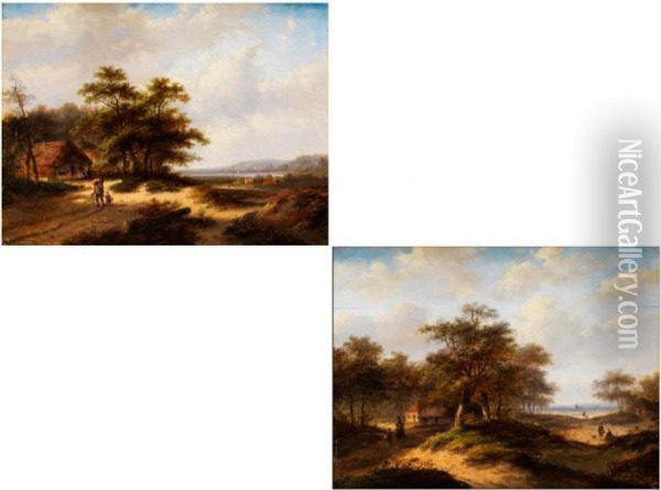Weite Landschaften Mit Strohgedeckten Hausern Unterbaumgruppen Oil Painting - Marianus Adrianus Koekkoek