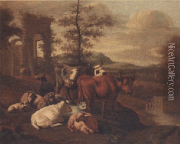 Cattle, Goats And Sheep Grazing In A Landscape With Figures By A A Ruin Beyond Oil Painting - Michiel (Carree) Carre
