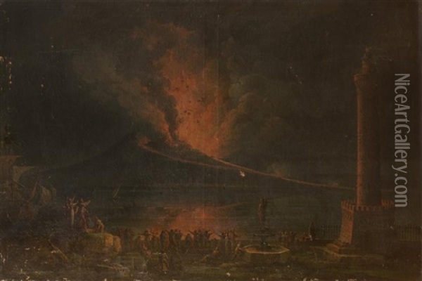 La Baie De Naples, La Nuit Avec L'eruption Du Vesuve Vue Depuis La Riviera Di Chiaia Oil Painting - Pietro Antoniani