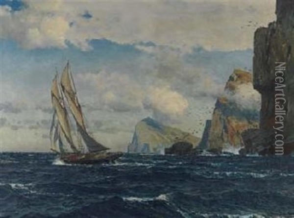 Schoner Auf Sturmischer Fahrt Vor Dem Nordende Der Faroer Inseln Oil Painting - Michael Zeno Diemer