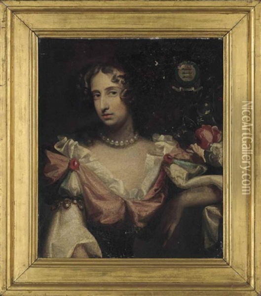 Portrait Of Mary Bertie, Wife Of The Hon. Charles Bertie, As Flora, In A Pink And Blue Dress With White Chemise And Wearing A Pearl Necklace And With Flowers Oil Painting - Simon Pietersz Verelst