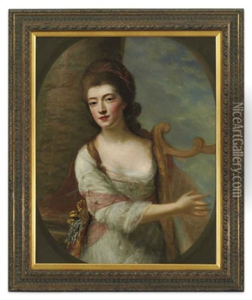 Portrait Of A Lady In A White Dress, Playing A Harp, Standing By A Column In A Landscape Oil Painting - Nathaniel Hone the Elder