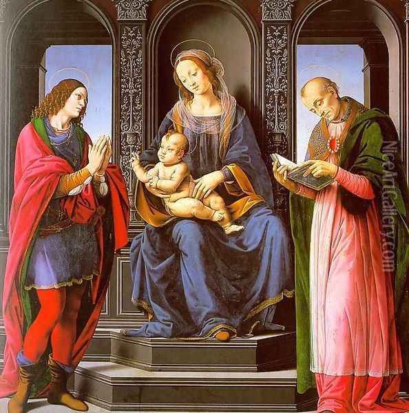 The Virgin and Child with St Julian and St Nicholas of Myra 1490-92 Oil Painting - Lorenzo Di Credi
