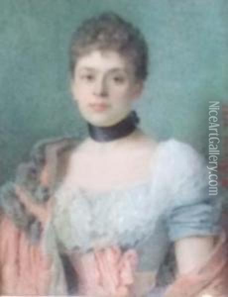 Portrait De Madame V. Roederer En Robe Gris-bleu Et Large Manteau Rose A Bande De Fourrure Oil Painting - Antonine Oderieu