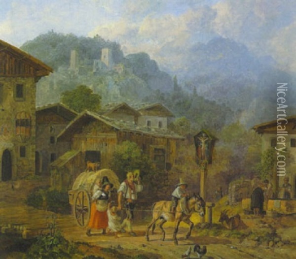 Dorfstrase In Schwaz In Tirol Oil Painting - Heinrich Buerkel