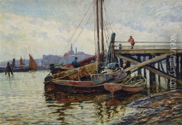 Fishing Harbour At Low Tide Oil Painting - Eduard Schloemann