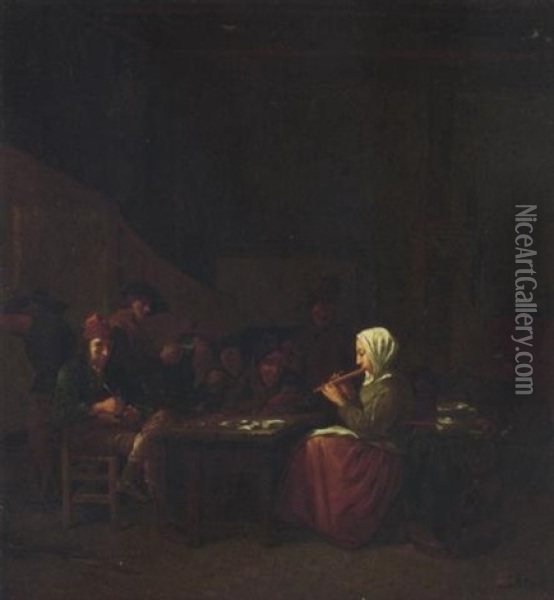 Boors Listening To A Maid Playing A Flute In A Tavern Oil Painting - Hubert van Ravesteyn