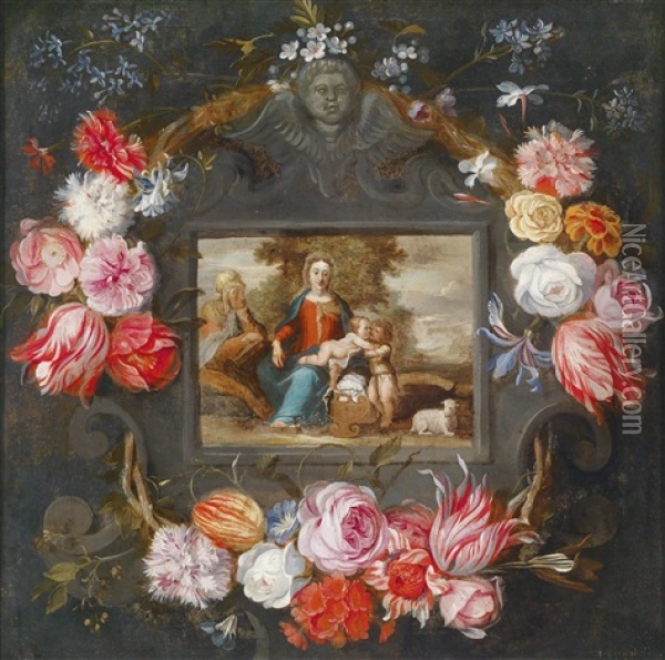 Schule Blumengirlande Um Ein Kartuschenbild Mit Maria, Dem Kind, Der Heiligen Elisabeth Und Dem Johannesknaben Oil Painting - Jan Brueghel the Elder