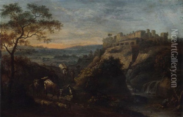 An Italianate Landscape With A Drover On A Riverside Path, A Hilltop Town Beyond Oil Painting - Hendrick Frans van Lint