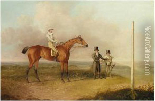 Bay Racehorse With Jockey And Groom Oil Painting - Daniel Clowes