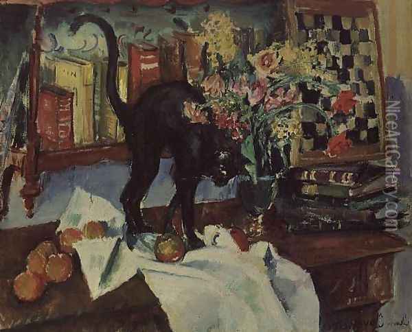 Still Life with a Cat Oil Painting - Jean Jovenau